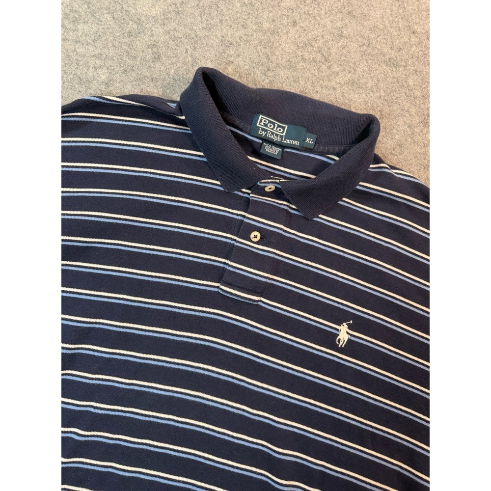 Polo Ralph Lauren Mens XL Navy Blue Striped Short Sleeve Cotton Polo Shirt